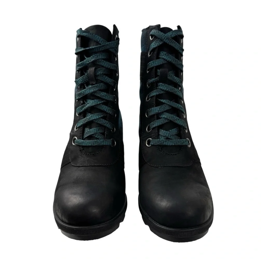 Sorel Lexie Wedge Lace Up Ankle Boots Leather Black Blue Plaid Size 10
